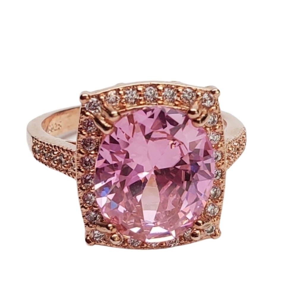 Gold rose Pink Cocktail Ring Size 7.5 halo ring  *
